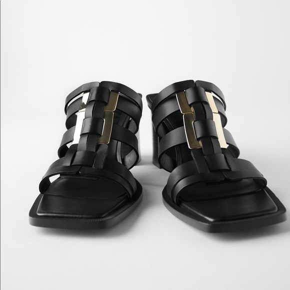 ZARA METAL TRIM LEATHER HEELED SANDALS SIZE 9 - Picture 4 of 5